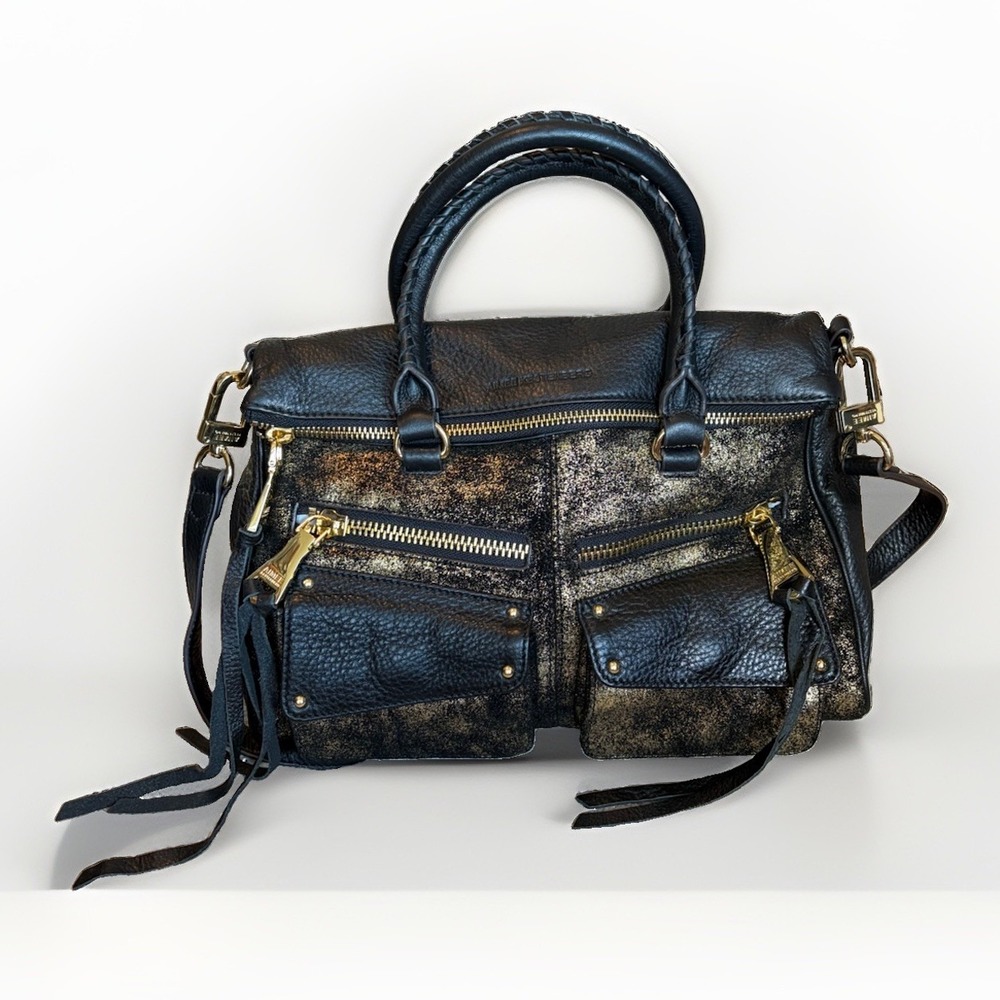 Aimee Kestenberg Soho Leather Foldover Satchel Purse Black Gold Distressed Suede